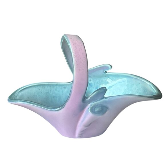 Hull Turquoise Pink Ceramic Basket With Handle Vintage Collectible #56 Gift MCM - Picture 2 of 8